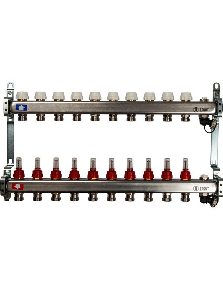 Коллектор STOUT из нержавеющей стали с расходомерами 10 вых. с воздухоотводчиком и сливом