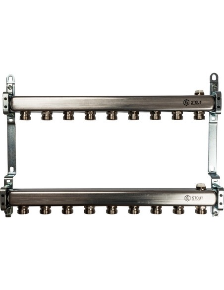 Коллектор STOUT из нержавеющей стали для радиаторной разводки 9 вых. с воздухоотводчиком