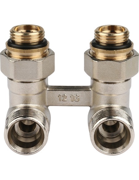 Блок шаровых кранов РЕХАУ G1/2" x G3/4" угловой с соединительным ниппелем