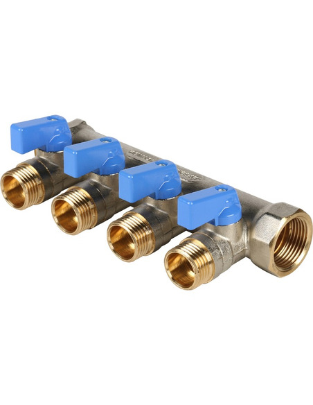 Коллектор с шаровыми кранами STOUT 3/4", 4 вых. 1/2" (синие ручки)