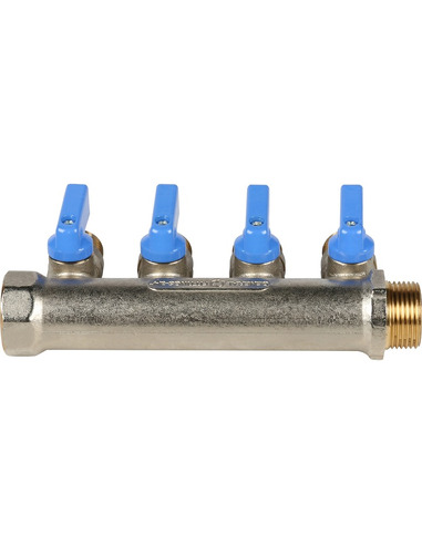 Коллектор с шаровыми кранами STOUT 3/4", 4 вых. 1/2" (синие ручки)