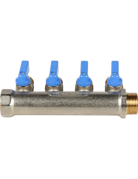 Коллектор с шаровыми кранами STOUT 3/4", 4 вых. 1/2" (синие ручки)