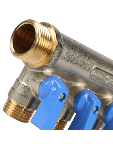 Коллектор с шаровыми кранами STOUT 3/4", 4 вых. 1/2" (синие ручки)