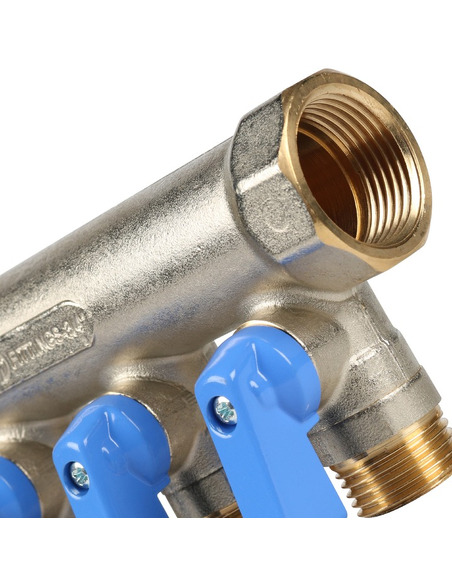Коллектор с шаровыми кранами STOUT 3/4", 4 вых. 1/2" (синие ручки)
