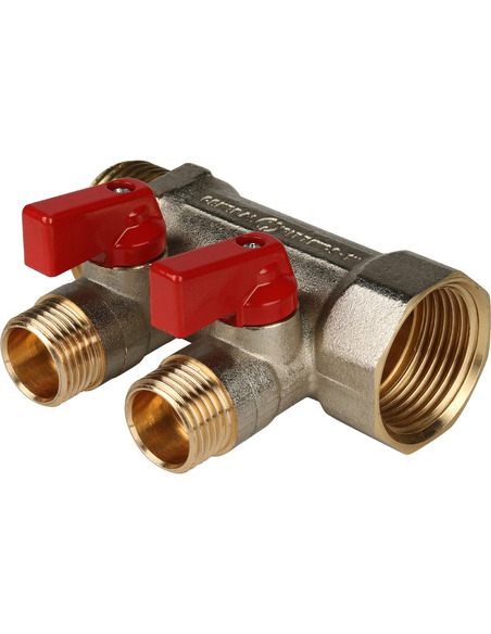 Коллектор с шаровыми кранами STOUT 1", 2 вых. 1/2" (красные ручки)