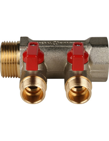 Коллектор с шаровыми кранами STOUT 1", 2 вых. 1/2" (красные ручки)