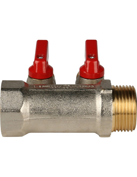 Коллектор с шаровыми кранами STOUT 1", 2 вых. 1/2" (красные ручки)