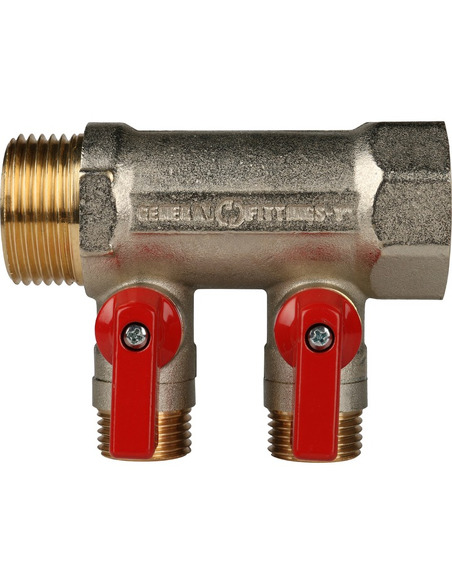 Коллектор с шаровыми кранами STOUT 1", 2 вых. 1/2" (красные ручки)