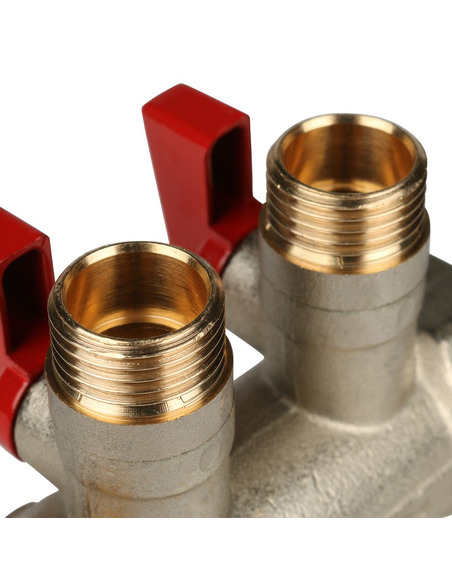 Коллектор с шаровыми кранами STOUT 1", 2 вых. 1/2" (красные ручки)