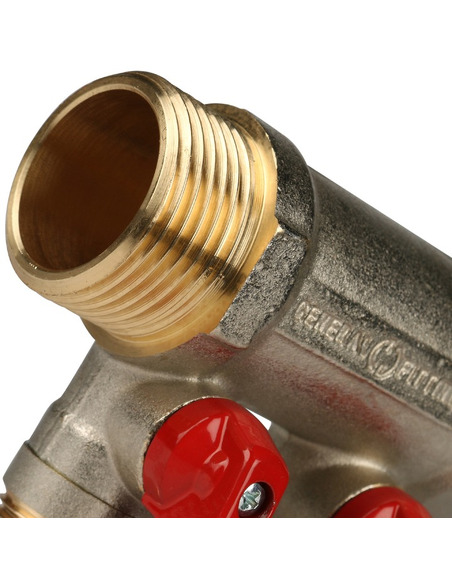 Коллектор с шаровыми кранами STOUT 1", 2 вых. 1/2" (красные ручки)