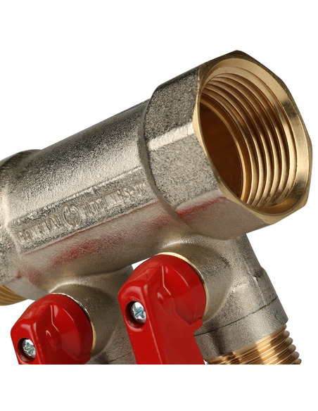 Коллектор с шаровыми кранами STOUT 1", 2 вых. 1/2" (красные ручки)