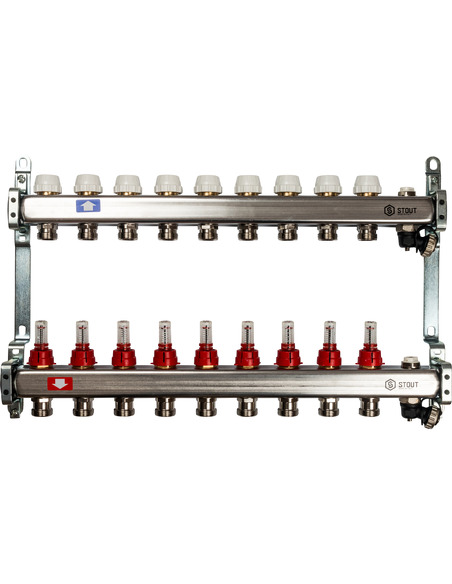 Коллектор STOUT из нержавеющей стали с расходомерами 9 вых. с воздухоотводчиком и сливом