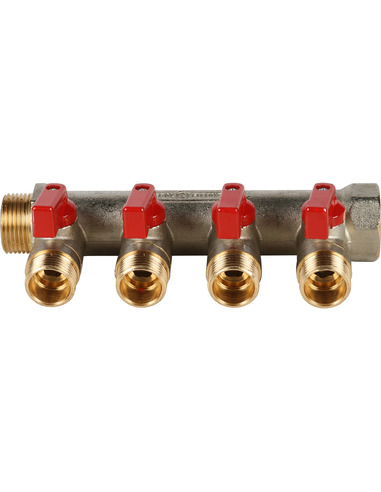 Коллектор с шаровыми кранами STOUT 3/4", 4 вых. 1/2" (красные ручки)