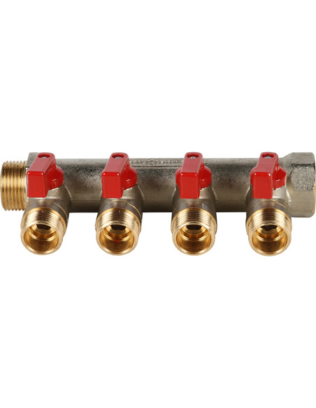 Коллектор с шаровыми кранами STOUT 3/4", 4 вых. 1/2" (красные ручки)