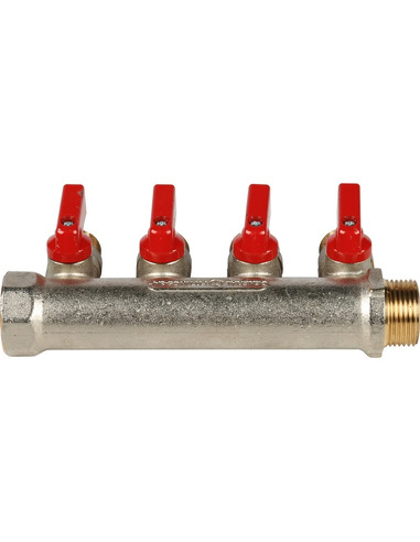 Коллектор с шаровыми кранами STOUT 3/4", 4 вых. 1/2" (красные ручки)