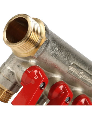 Коллектор с шаровыми кранами STOUT 3/4", 4 вых. 1/2" (красные ручки)