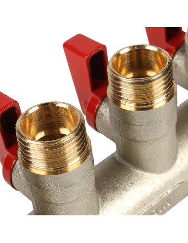 Коллектор с шаровыми кранами STOUT 3/4", 4 вых. 1/2" (красные ручки)