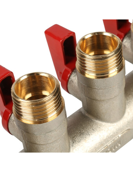 Коллектор с шаровыми кранами STOUT 3/4", 4 вых. 1/2" (красные ручки)