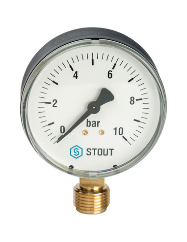 Манометр STOUT 80 мм, 1/2", 0-10 бар, радиальный