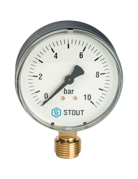 Манометр STOUT 80 мм, 1/2", 0-10 бар, радиальный