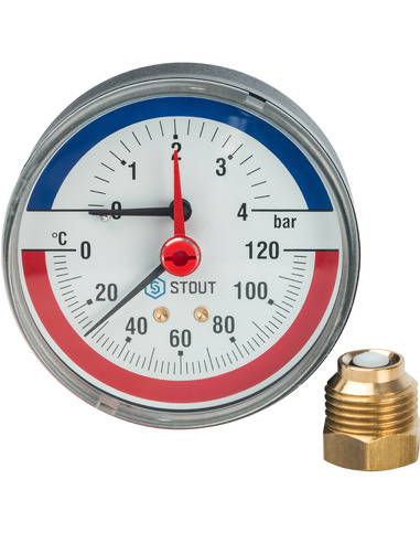 Термоманометр STOUT 80 мм, 0-120ºС, 0-4 бар аксиальный
