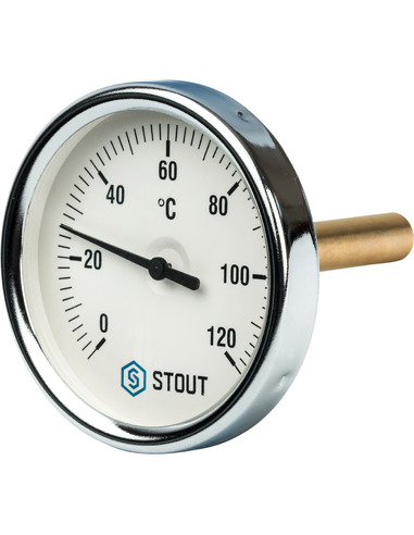 Термометр биметаллический STOUT 80 мм, 0-120ºС погружной, гильза 75 мм