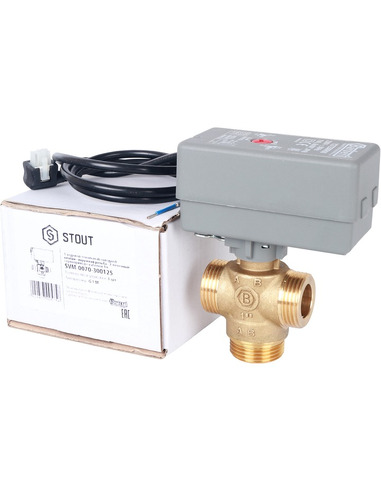 Клапан трехходовой зональный STOUT 1" НР с сервоприводом 230V, Kvs 8 (компактный)