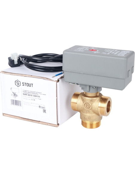 Клапан трехходовой зональный STOUT 1" НР с сервоприводом 230V, Kvs 8 (компактный)