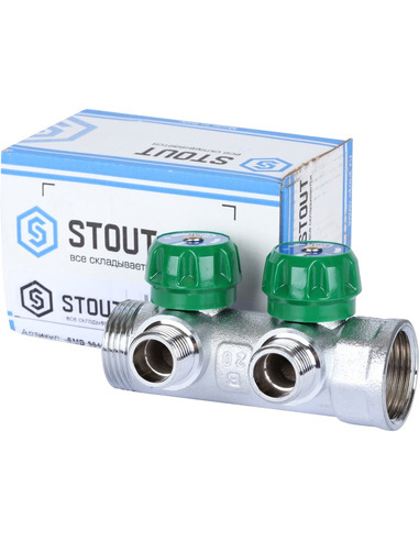 Коллектор регулирующий STOUT 3/4", 2 вых. 1/2" плоское уплотнение