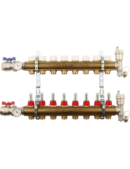 Коллектор STOUT из латуни в сборе с расходомерами 8 вых.