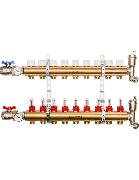 Коллектор STOUT из латуни в сборе с расходомерами 9 вых.
