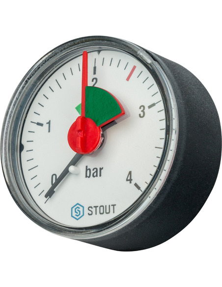 Манометр STOUT 50 мм, 1/4", 0-4 бар, аксиальный с указателем предела Манометр STOUT 50 мм, 1/4", 0-4 бар, аксиальный с указателем предела