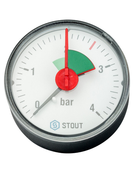 Манометр STOUT 50 мм, 1/4", 0-4 бар, аксиальный с указателем предела Манометр STOUT 50 мм, 1/4", 0-4 бар, аксиальный с указателем предела