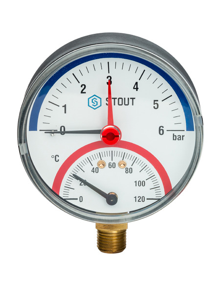 Термоманометр STOUT 80 мм, 0-120ºС, 0-6 бар радиальный