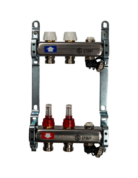 Коллектор STOUT из нержавеющей стали с расходомерами 2 вых. с воздухоотводчиком и сливом