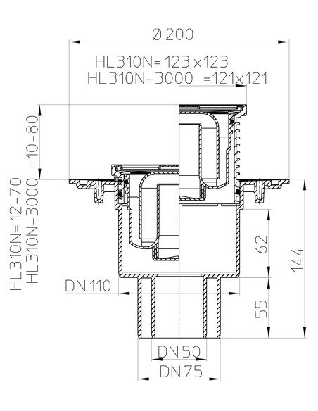 Трап HL310N с вертикальным выпуском DN 50/75/110