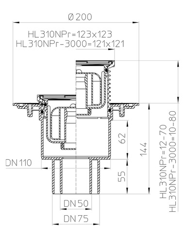 Трап HL310NPr с вертикальным выпуском DN 50/75/110 с "сухим" сифоном "Primus"