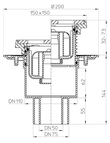 Трап HL310NPrG с вертикальным выпуском DN 50/75/110 с "сухим" сифоном "Primus"