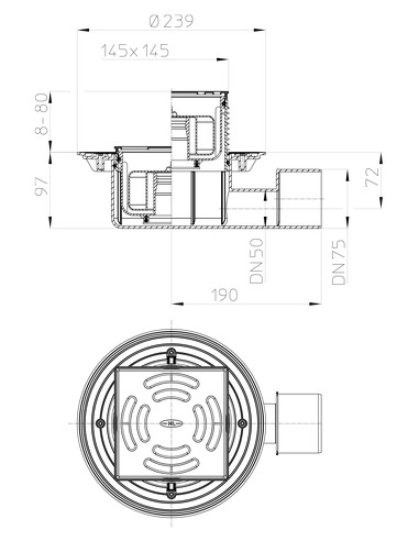 Трап HL5100Pr с горизонтальным выпуском DN 50/75 с "сухим" сифоном "Primus"