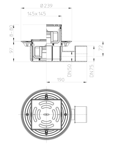 Трап HL5100Pr с горизонтальным выпуском DN 50/75 с "сухим" сифоном "Primus"