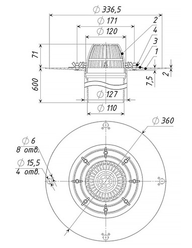 Кровельная воронка ТП-01.100/6-Э с электроподогревом