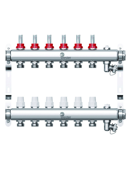 Коллектор WESTER из нержавеющей стали с расходомерами 6 вых. с воздухоотводчиком и сливом
