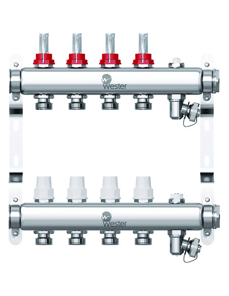 Коллектор WESTER из нержавеющей стали с расходомерами 4 вых. с воздухоотводчиком и сливом