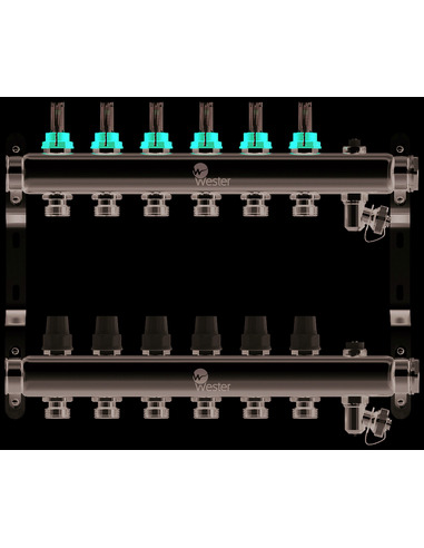 Коллектор WESTER из нержавеющей стали с расходомерами 6 вых. с воздухоотводчиком и сливом