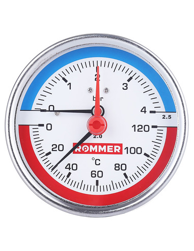 Термоманометр ROMMER 80 мм, 0-120ºС, 0-6 бар аксиальный