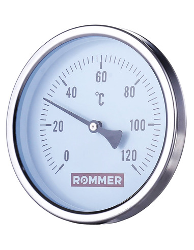 Термометр биметаллический ROMMER 63 мм, 0-120ºС погружной, гильза 75 мм