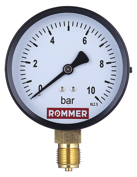 Манометр ROMMER 80 мм, 1/2", 0-10 бар, радиальный Манометр ROMMER 80 мм, 1/2", 0-10 бар, радиальный