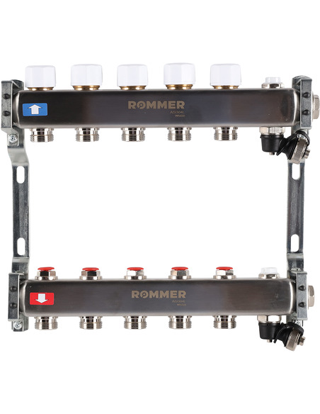 Коллектор ROMMER из нержавеющей стали без расходомеров 5 вых. с воздухоотводчиком и сливом