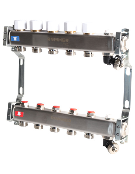 Коллектор ROMMER из нержавеющей стали без расходомеров 5 вых. с воздухоотводчиком и сливом