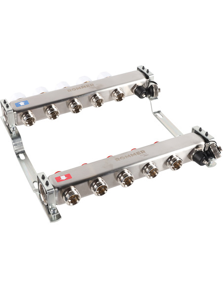 Коллектор ROMMER из нержавеющей стали без расходомеров 5 вых. с воздухоотводчиком и сливом